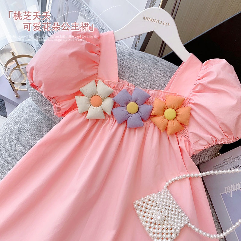 Đầm Công Chúa Cổ Vuông Tay Phồng Chất Liệu Cotton Họa Tiết Hoa Mới Cho Bé Gái