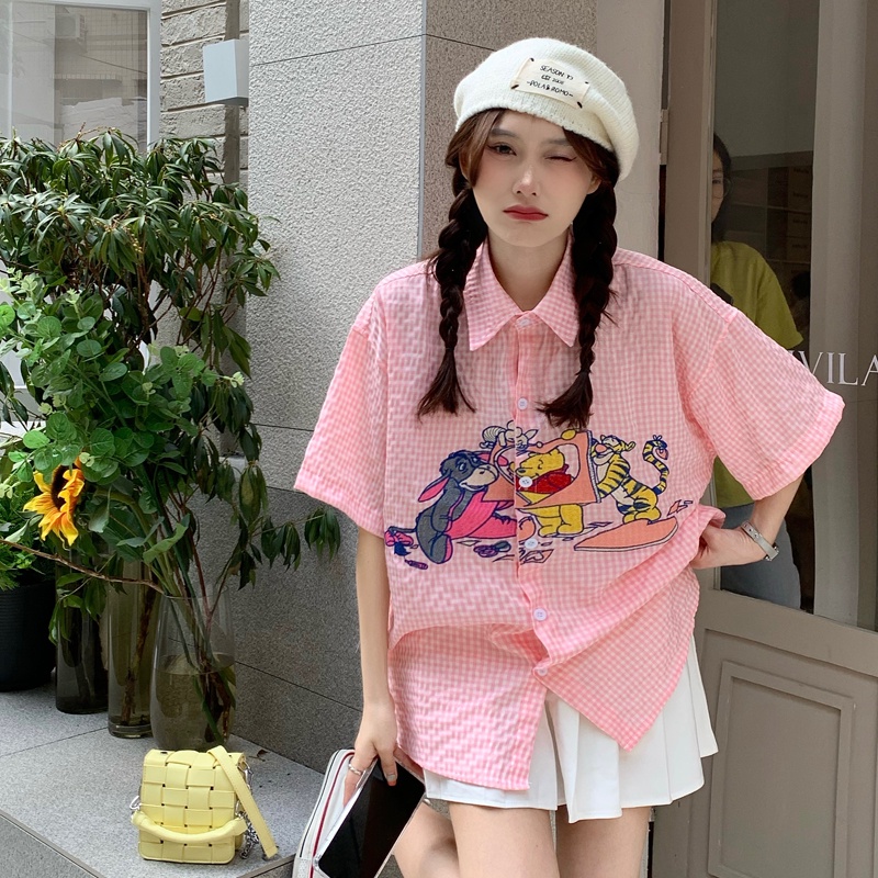 SUXI Áo Sơ Mi Tay Ngắn Dáng Rộng In Họa Tiết Hoạt Hình Kiểu Vintage Thời Trang Mùa Hè Cho Nữ