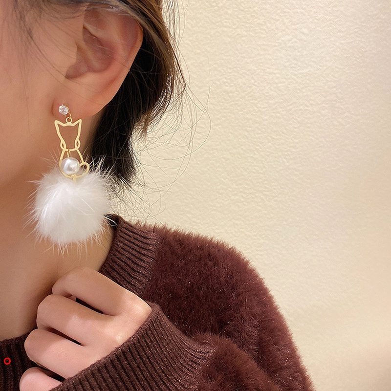 Đôi khuyên tai hình mèo đính ngọc trai mềm hợp thời trang cho nữ