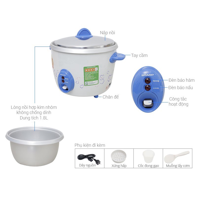 Nồi cơm điện Sharp KHS-D19V / KSH-D22V / KSH-D28V, nắp rời, bảo hành chính hãng