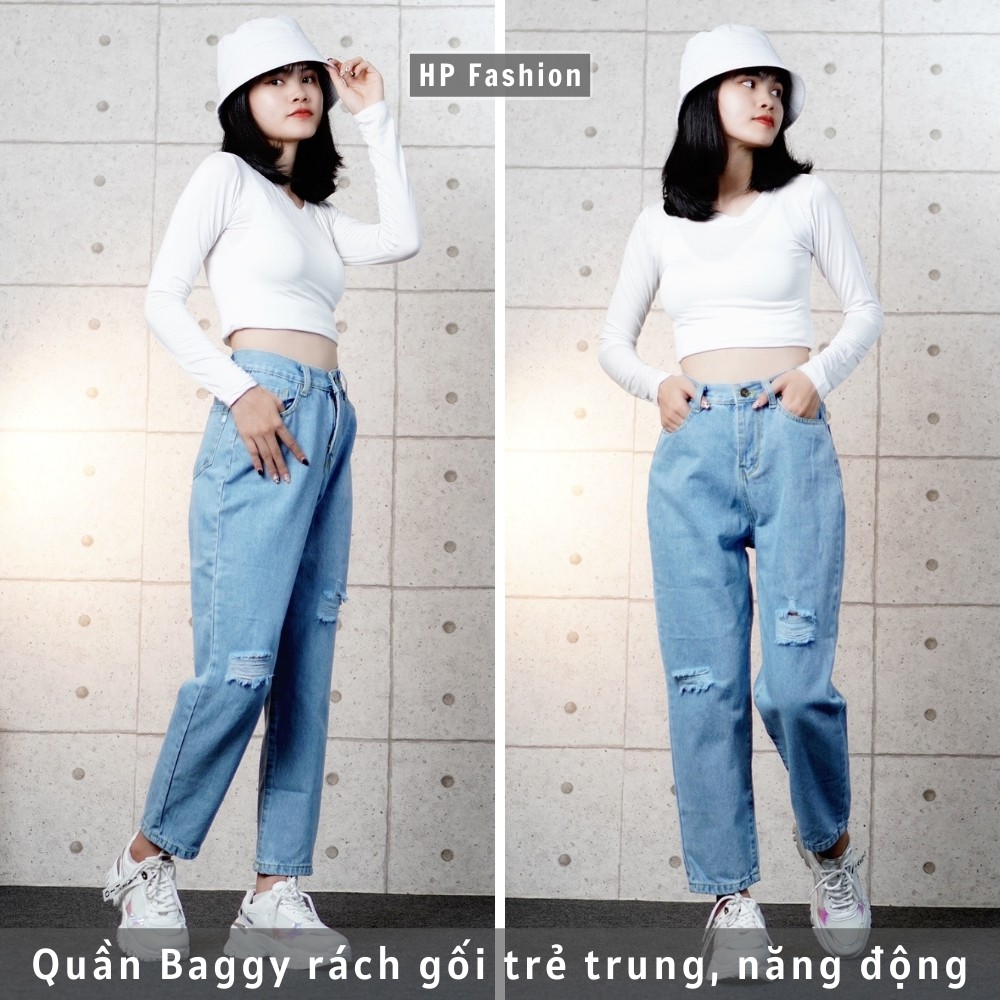 Quần baggy nữ ❤️ Quần jean cạp lưng cao rách gối chất bò dày dặn trẻ trung - QJ01