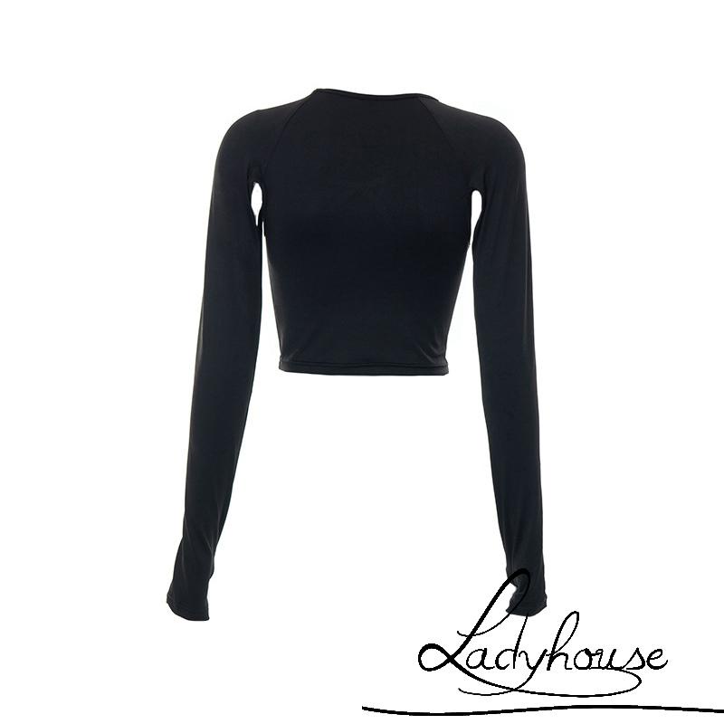 Áo Croptop Tay Dài Cổ Tròn Màu Trơn Thời Trang Mùa Hè Cho Nữ