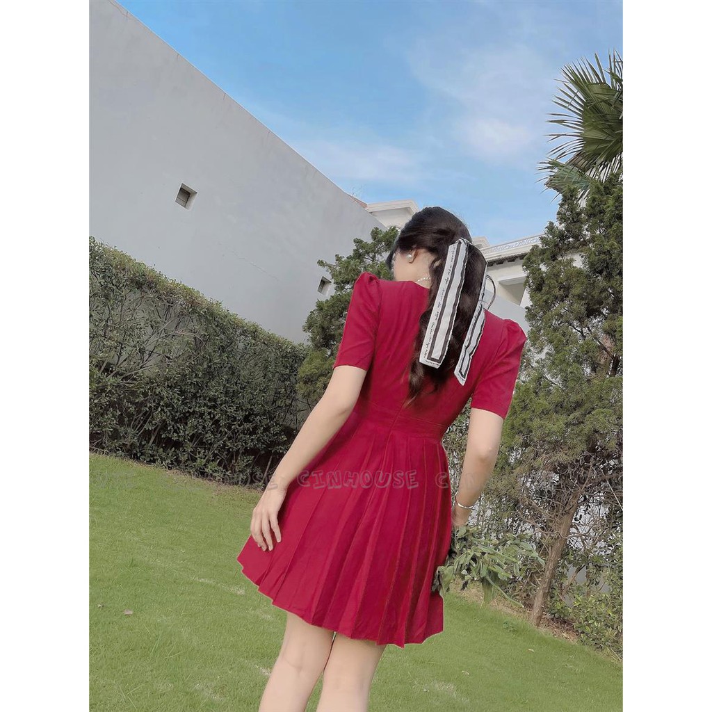 Đầm xòe dập ly Julie 0088 cổ vuông đính nút CIN HOUSE