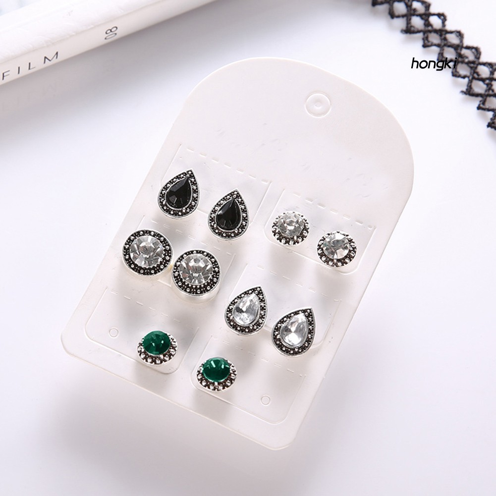 Set 5 đôi khuyên tai hình tròn/hình giọt nước đính đá giả phong cách retro thời trang cho nữ