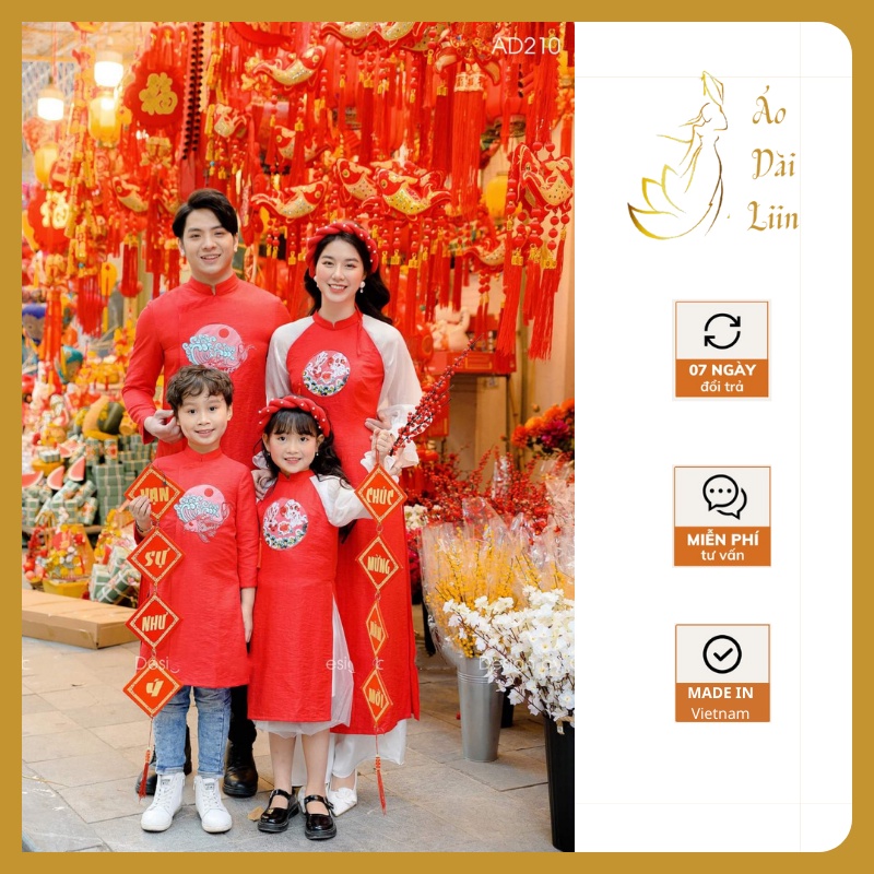 Áo Dài Tết Gia Đình - Set Áo Dài Gia Đình Thêu Hoa Tiết Chất Tafta Đũi Cao Cấp GD01