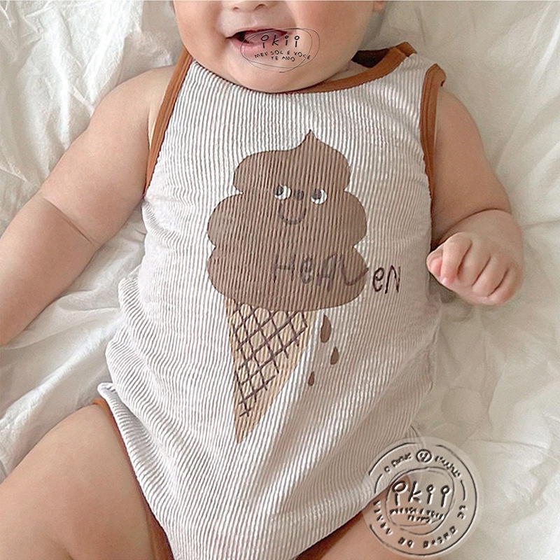 Bộ Áo Liền Quần Không Tay In Hình Que Kem Socola + 1 Băng Đô Dễ Thương Cho Bé Sơ Sinh