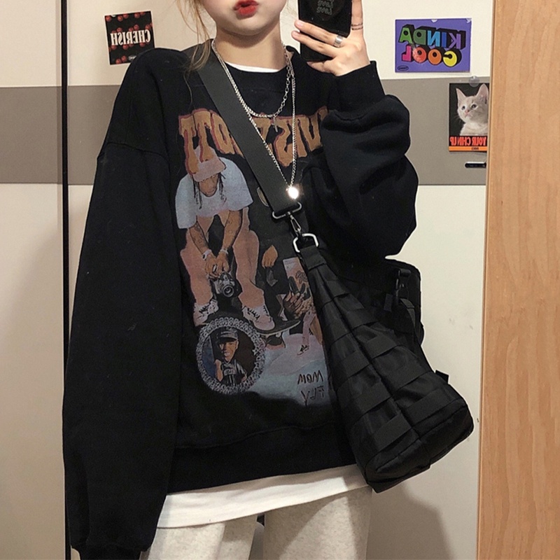 Áo sweater IELGY tay dài cổ tròn in họa tiết phong cách Châu Mỹ thời trang retro cho nữ