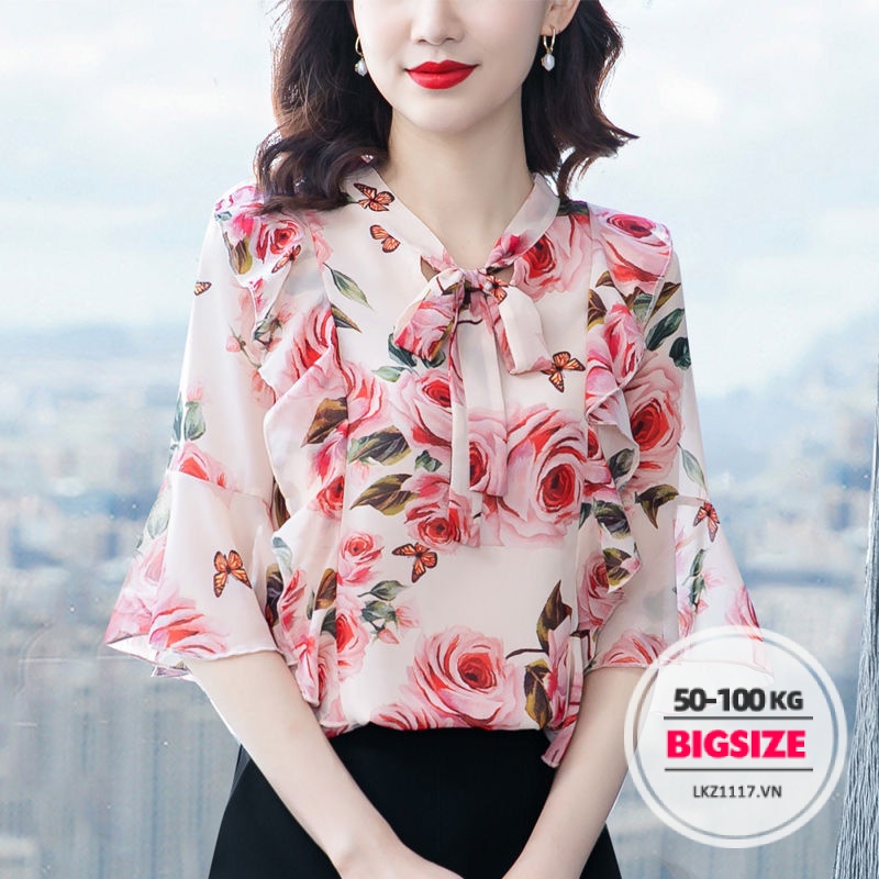 áo trung niên nữ sang trọng cho mẹ bigsize Áo sơ mi voan kiểu đẹp 40 tuổi cổ chữ v hoa mùa hè Phong cách hàn quốc Thời Trang