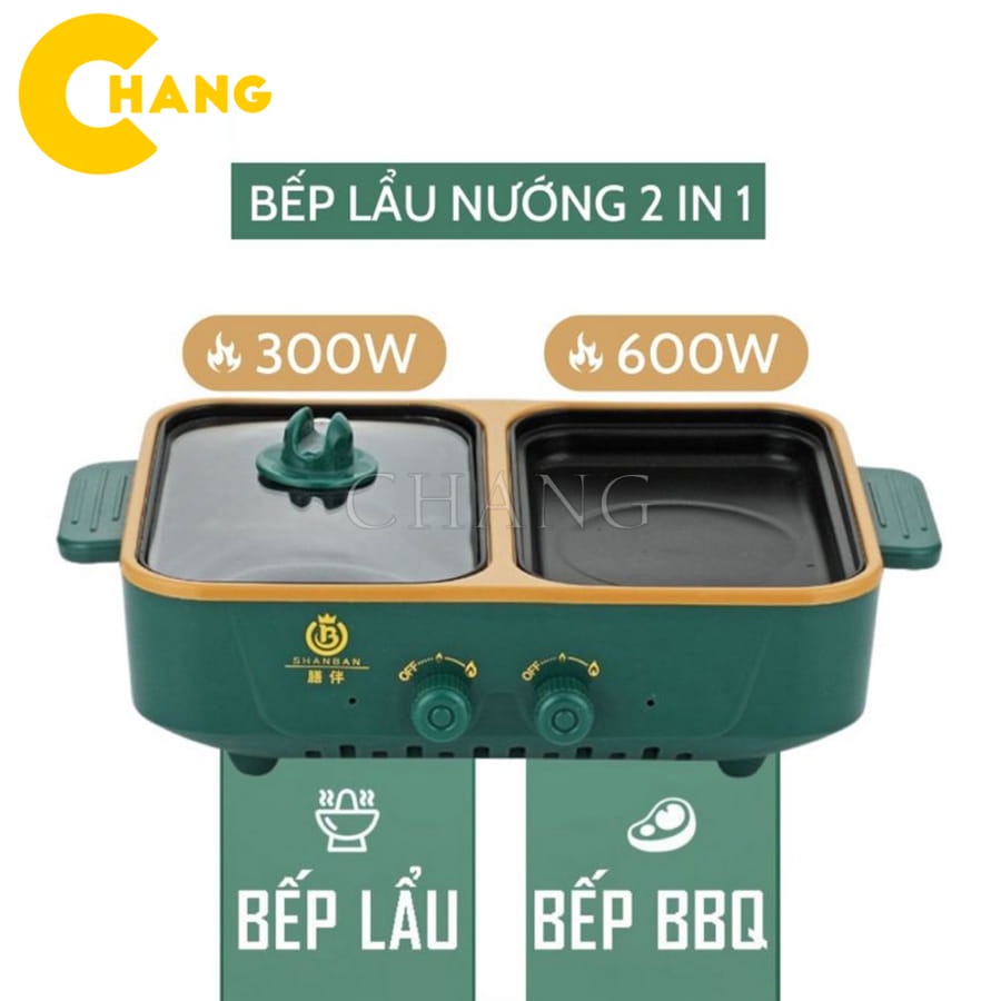 Bếp Lẩu Nướng 2 Ngăn SHABAN Cao Cấp,Nồi Lẩu Nướng 2 In1 Điều Chỉnh Nhiệt Độ Siêu Chống Dính, Đa Năng, Tiện Lợi