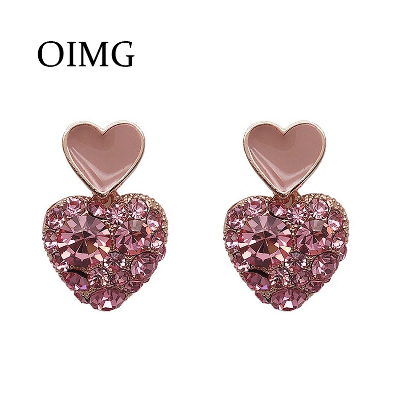Bông tai OIMG mạ bạc 925 hình trái tim hồng đơn giản thời trang phong cách Hàn Quốc
