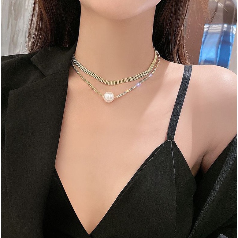 Vòng cổ Hai Lớp Đính Ngọc Trai Và Đá Phong Cách retro Sang Trọng Cho Nữ