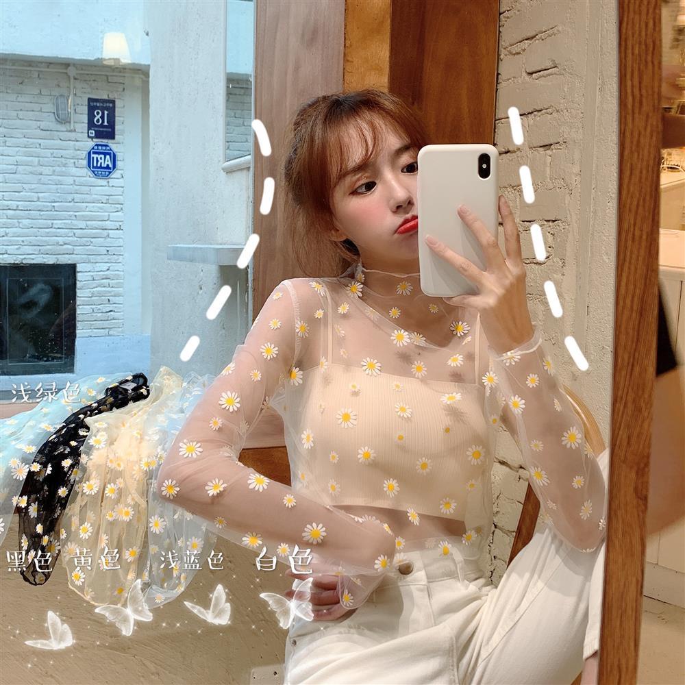 Áo Thun Tay Dài Cổ Cao Bằng Lụa Mát In Họa Tiết Hoa Cúc Thời Trang Mùa Hè Chống Chảy Xệ Cho Nữ