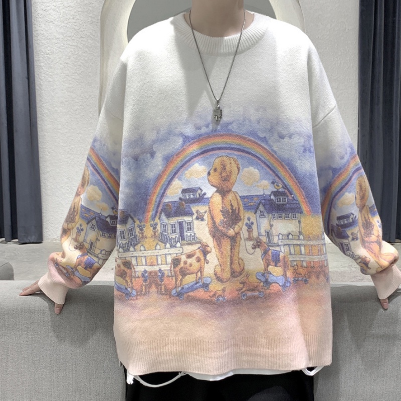 Áo sweater AOKANG dệt kim dày dáng rộng in hình gấu cầu vồng kiểu Hàn Quốc thời trang thu đông cho nam