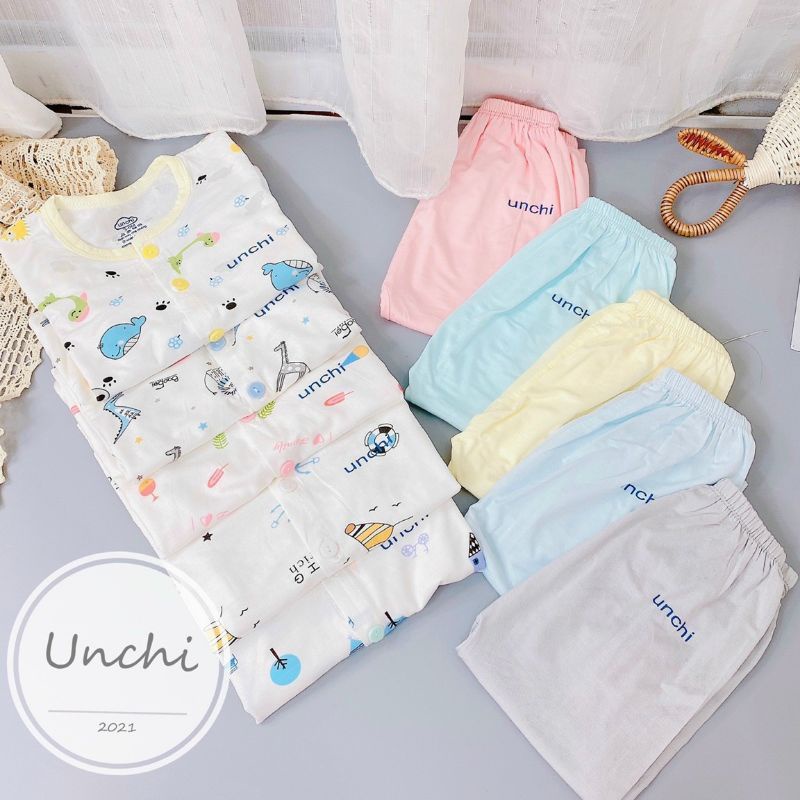 Bộ Quần Áo Dài Sơ Sinh Unchi Vải Petit Mềm Mát Khuy Giữa