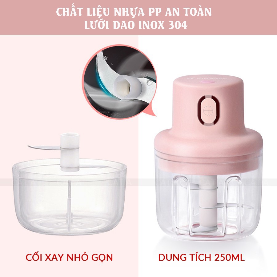 Máy Xay Mini Cầm Tay Có Cổng Sạc USB, Máy Xay Tỏi Ớt Đa Năng Thể Tích 250ml, nhỏ gọn, tiện lợi