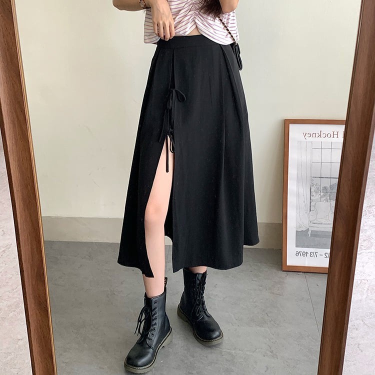 Chân váy ulzzang xẻ tà thắt nơ cạp chun,chân váy nữ xẻ tà dáng dài ulzzang | BigBuy360 - bigbuy360.vn