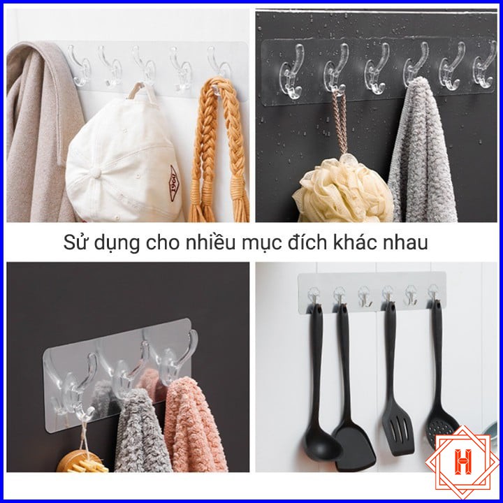 Thanh Treo Đồ Dán Tường 6 Móc Liền Mạch Trong Suốt Siêu Chắc Chắn { H }