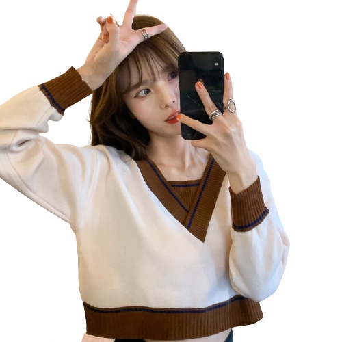 QKOOLE  Áo dệt kim cổ chữ V dáng rộng phong cách vintage thời trang Hàn Quốc cho nữ