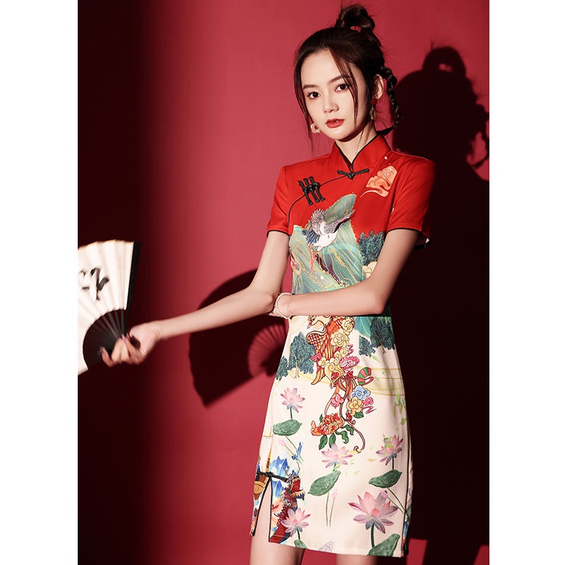 Đầm Sườn Xám Tay Ngắn Cổ Đứng In Họa Tiết Phong Cách Retro Dành Cho Nữ