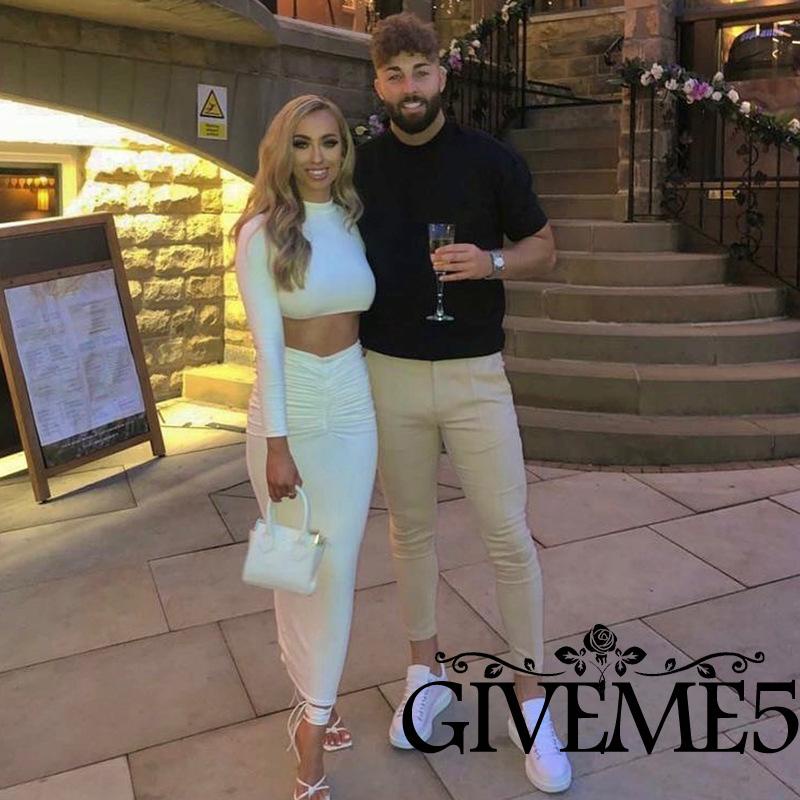 Set áo thun cổ tròn dài tay và chân váy dài xếp ly màu trơn thời trang dành cho nữ