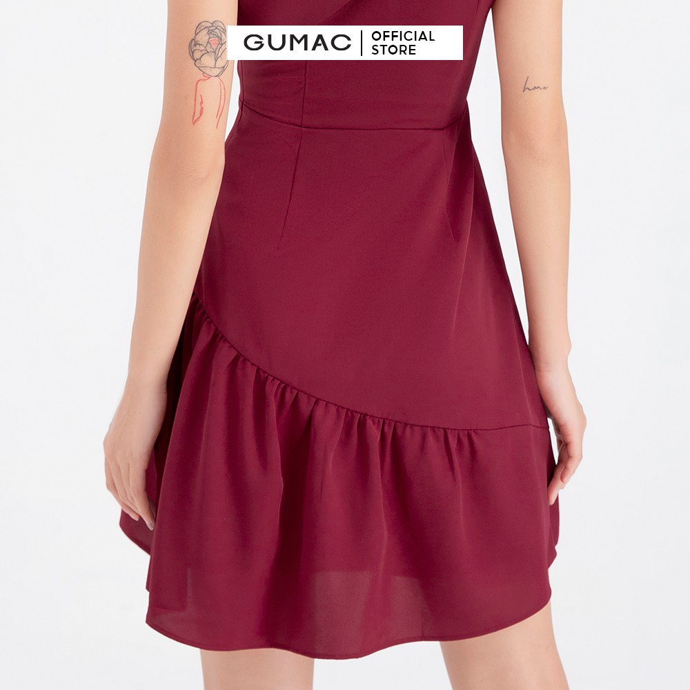 [Mã MABR07062 giảm 8% tối đa 50K đơn từ 249K] Đầm xòe nữ lệch vai phối bèo GUMAC màu đỏ hở vai quyến rũ DB688 | BigBuy360 - bigbuy360.vn