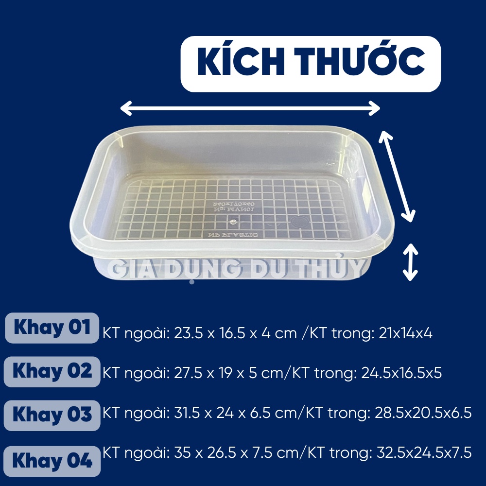 Khay nhựa chữ nhật trong suốt đựng thực phẩm đựng đồ đa năng 4 size lựa chọn, nhựa PP màu trắng trong suốt chịu nhiệt