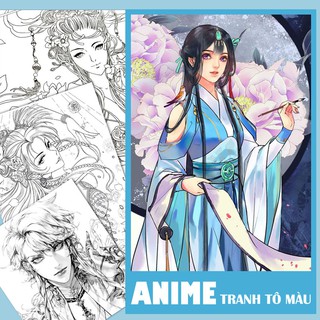 Bộ tranh tô màu  Anime giấy dày tô màu chì, màu nước khổ A4, 5 tranh A4