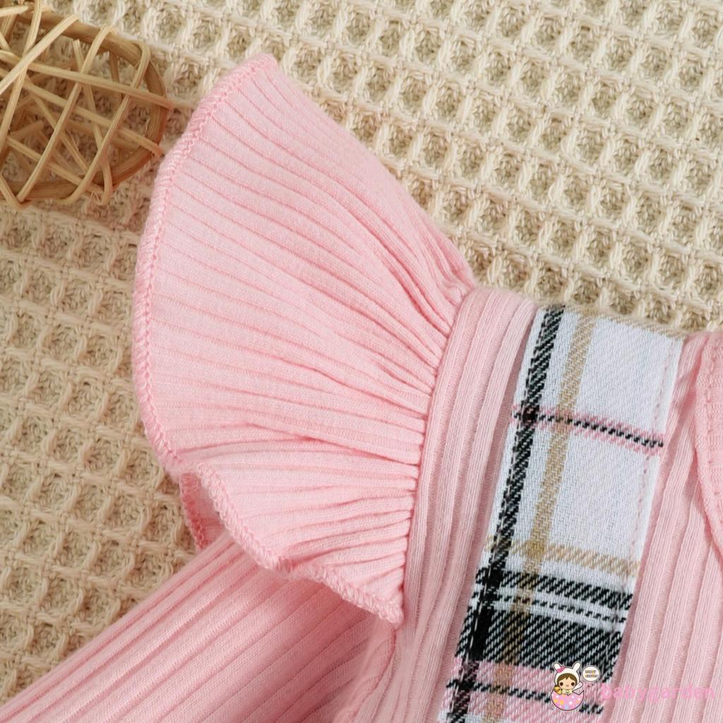 Bộ Áo Liền Quần Tay Dài Phối Bèo Kẻ Sọc Caro Đính Nơ + Băng Đô Cài Tóc Xinh Xắn Cho Bé Gái 0-18 Tháng Tuổi