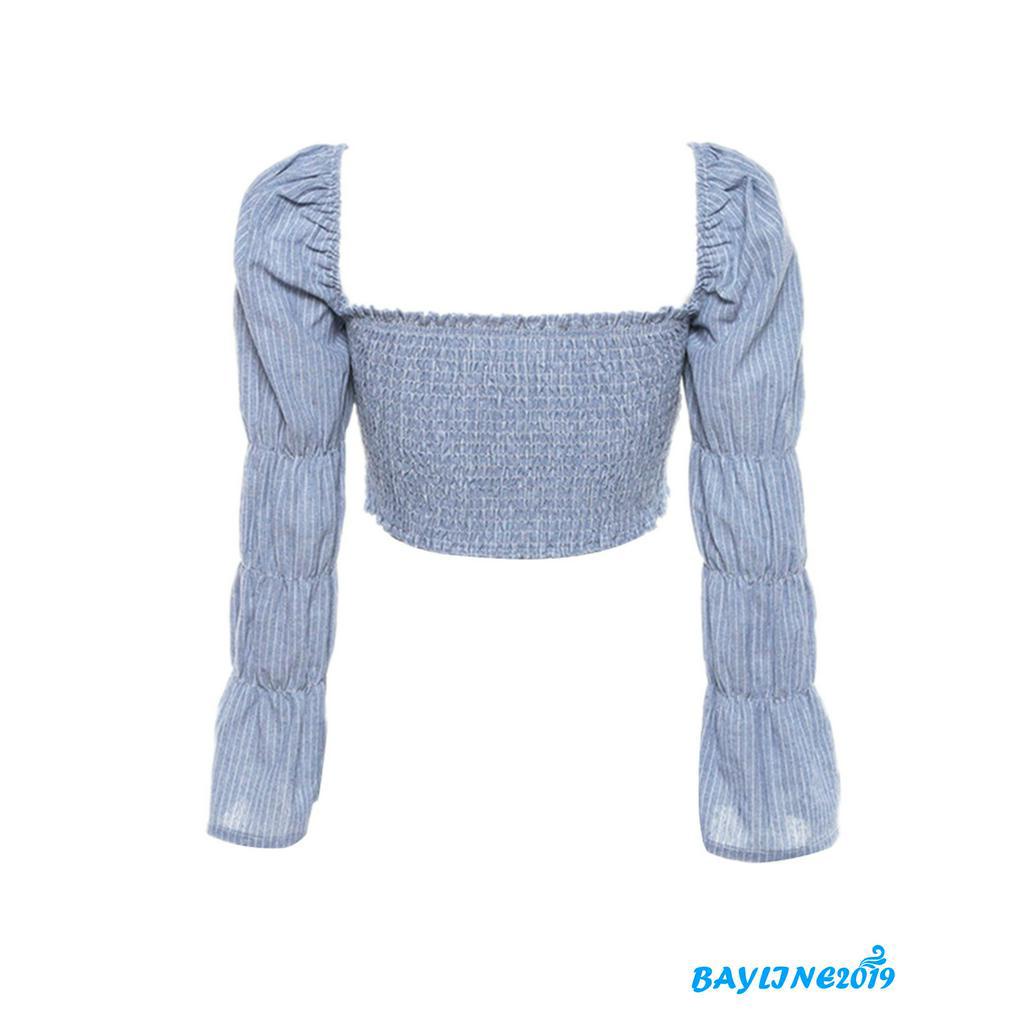 Áo Crop Top Dài Tay Cổ Vuông Họa Tiết Kẻ Sọc Gợi Cảm Cho Nữ