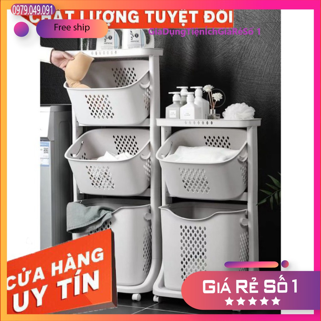 Kệ đựng đồ 3 tầng đa năng, Rổ đựng quần áo 3 tầng có bánh xe nhựa cao cấp.