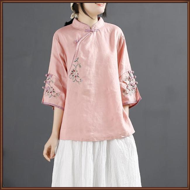 Áo Sơ Mi Cotton Lanh Cổ Đứng Dáng Rộng Thêu Họa Tiết Kiểu Trung Hoa Retro Cho Nữ