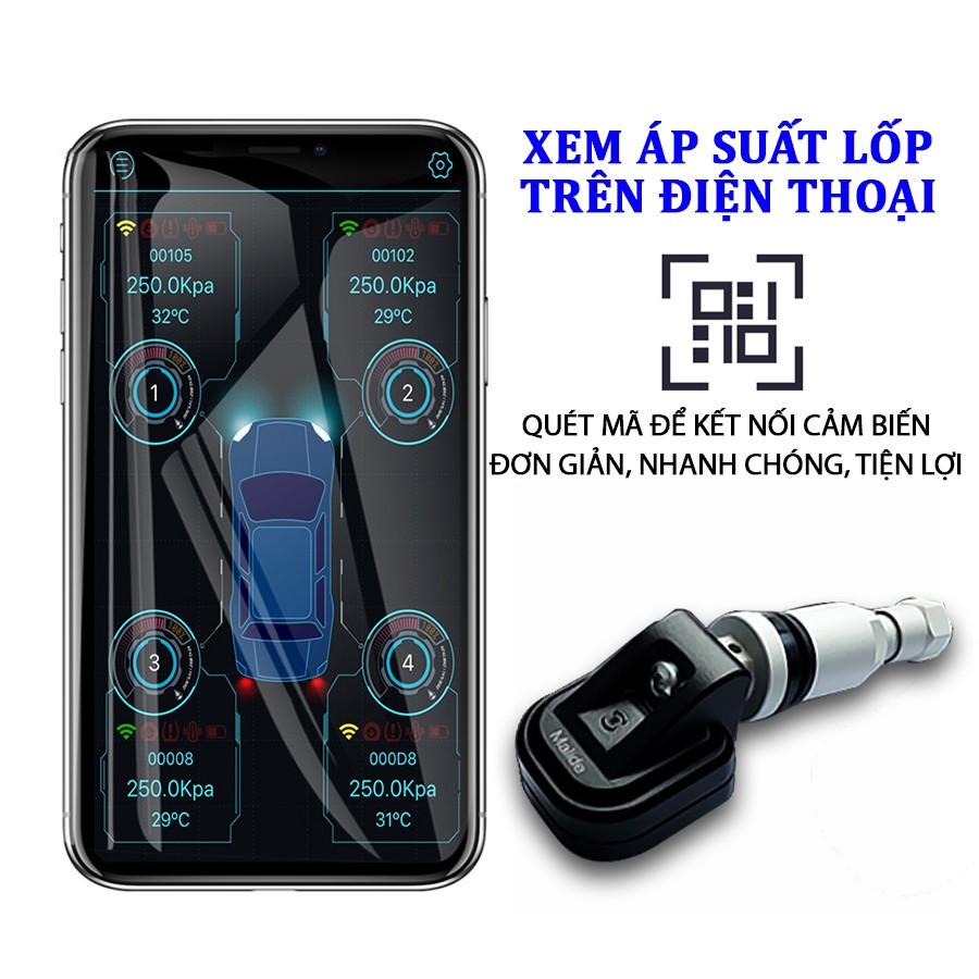 Cảm biến áp suất lốp van trong CAR365 + máy thu cảnh báo giọng nói phân phối chính hãng Malide - Kết nối app hiển thị