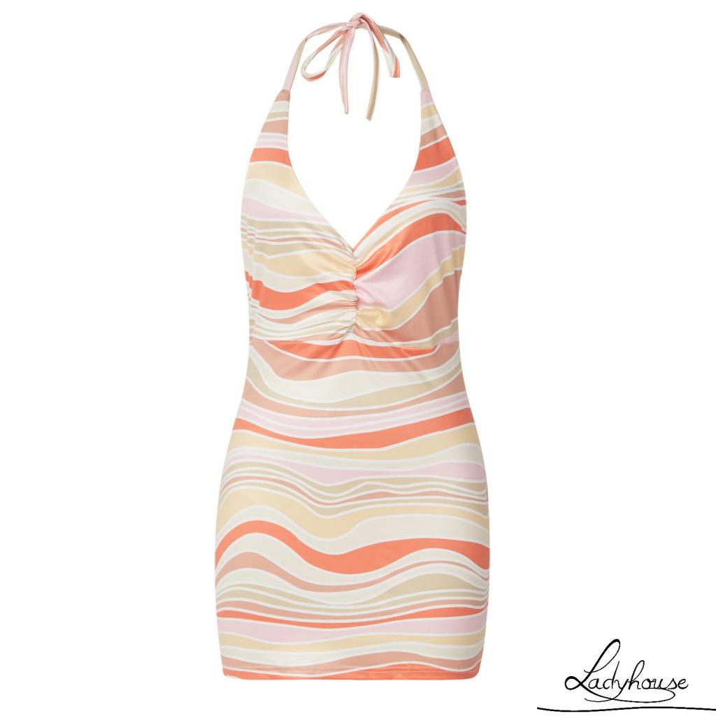 Đầm Dài Hai Dây Hở Lưng In Họa Tiết Gợn Sóng Thời Trang Cho Nữ