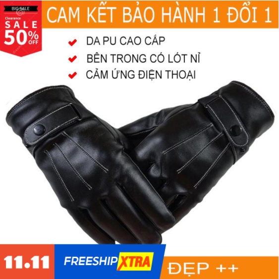 Gang tay nam hai lớp, lót nỉ bên trong, bề mặt da trơn cảm ứng được điện thoại, chống nước nhẹ.