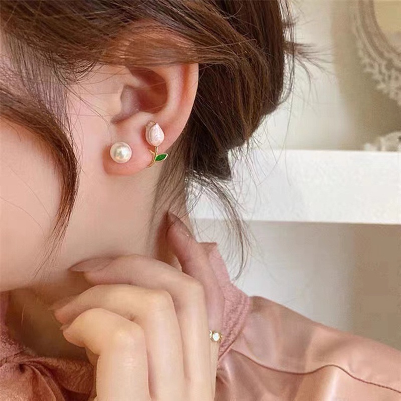Khuyên Tai Hình Hoa tulip Đính Ngọc Trai Màu Hồng Thời Trang Mùa Hè Cá Tính