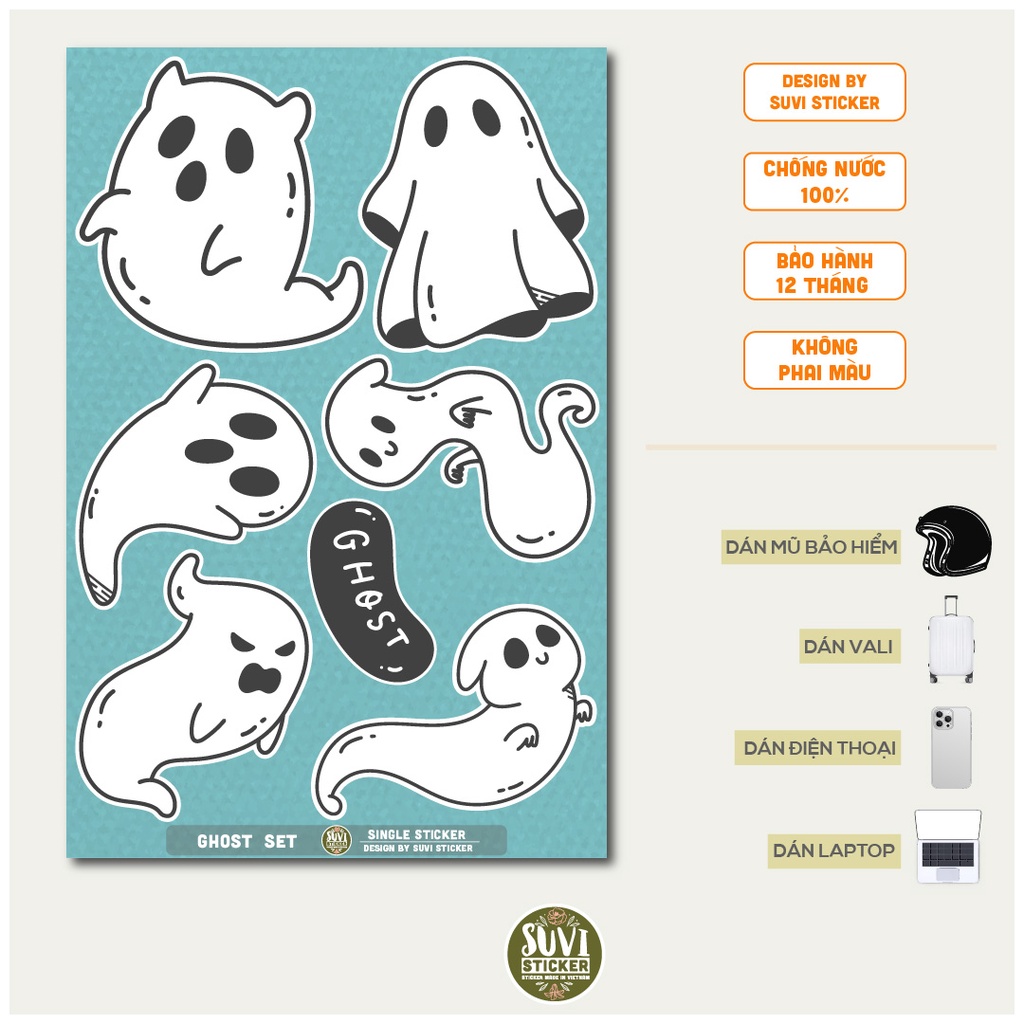 STICKER LẺ - Sticker Ghost dán mũ bảo hiểm, laptop, điện thoại, vali. MSP: SS19