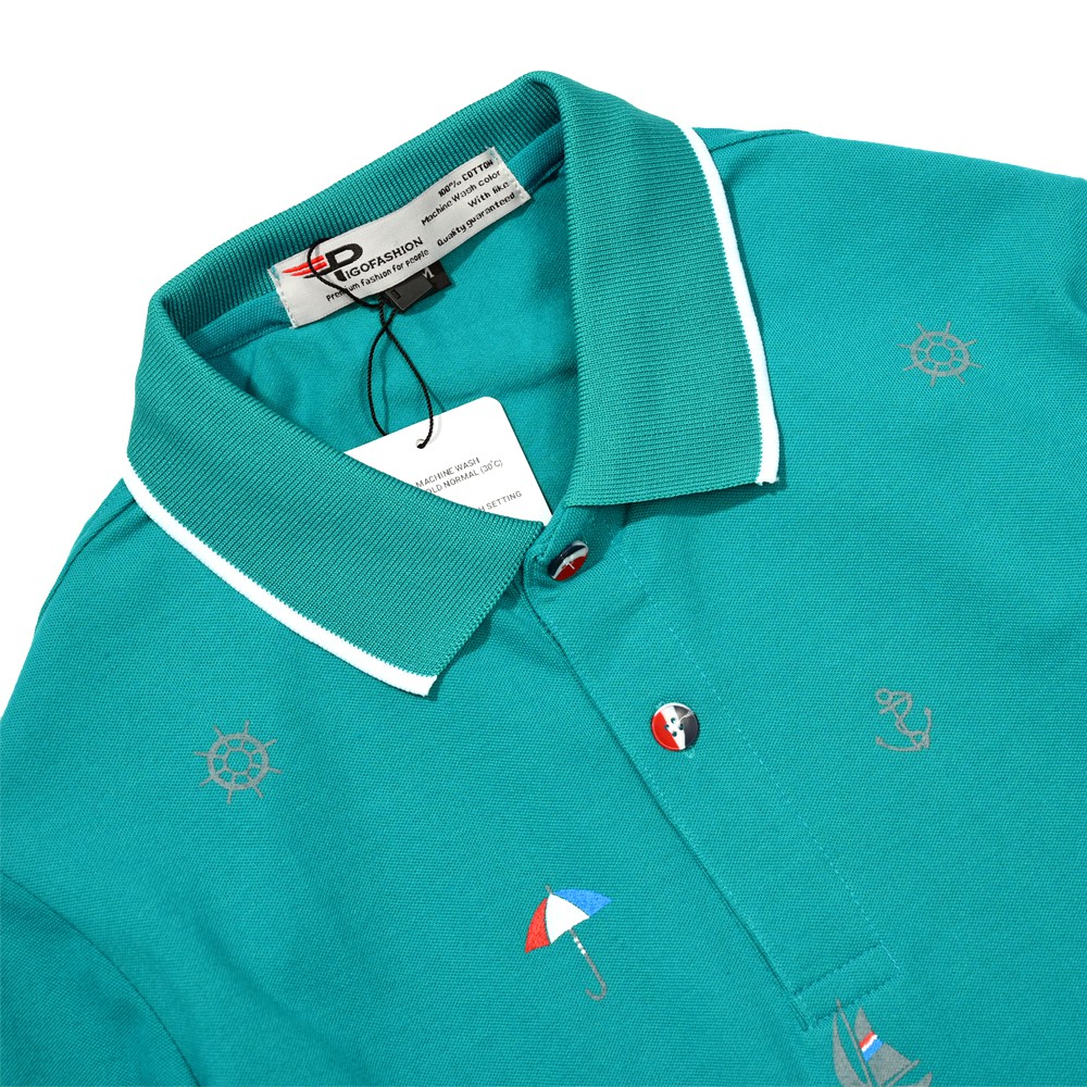 Áo thun nam cổ bẻ họa tiết con thuyền phối bo Pigofashion AHT27 màu trắng, chọn nhiều màu.