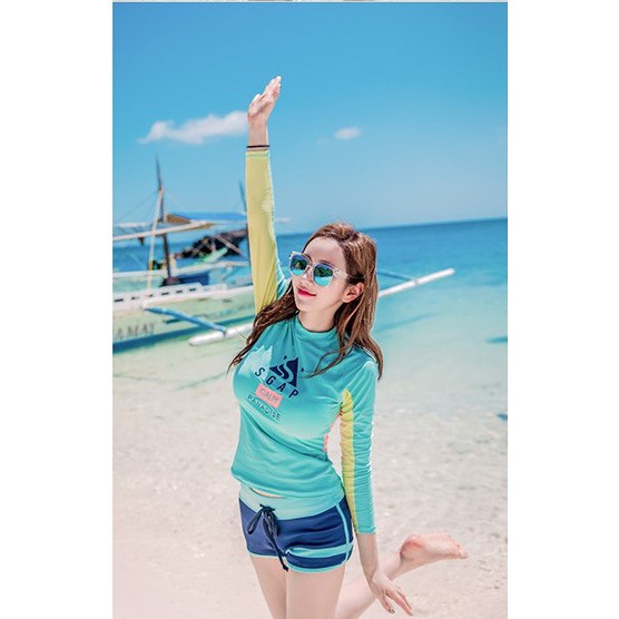 Đồ bơi tay dài nữ, xanh lá cây phối tay vàng 2 mảnh | BigBuy360 - bigbuy360.vn