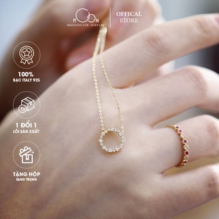 Dây chuyền bạc nữ mạ vàng 14k, vòng cổ phủ vàng mặt tròn đính đá huyền thoại biển xanh Bạc Moonsilver