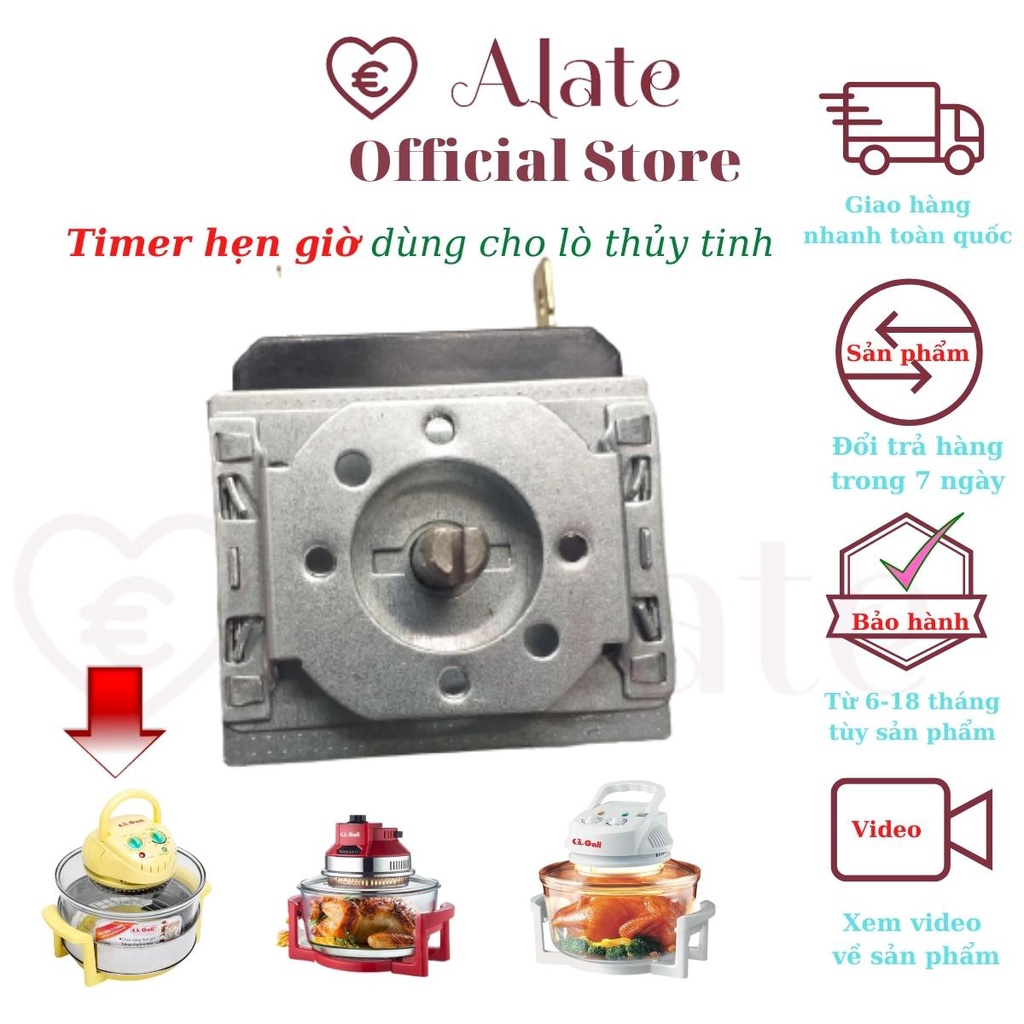 Timer hẹn giờ 60 phút, role chỉnh nhiệt độ từ 0 đến 250 của lò nướng điện, nồi chiên không dầu bảo hành 12 tháng Alate