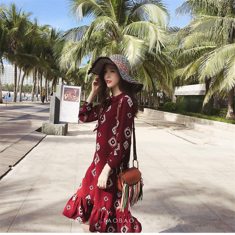 Đầm suông hè 2019 mới chất voan họa tiết nơ cổ dài tay SP.01525