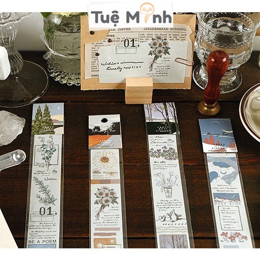 Dải sticker vintage dán sẵn trang trí Bullet journals STI14 VPPTUEMINH, Masking tape nhiều họa tiết