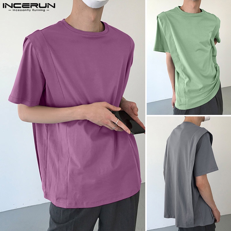 Áo thun INCERUN tay ngắn cổ tròn giả hai lớp màu sắc đơn giản thời trang cho nam giới
