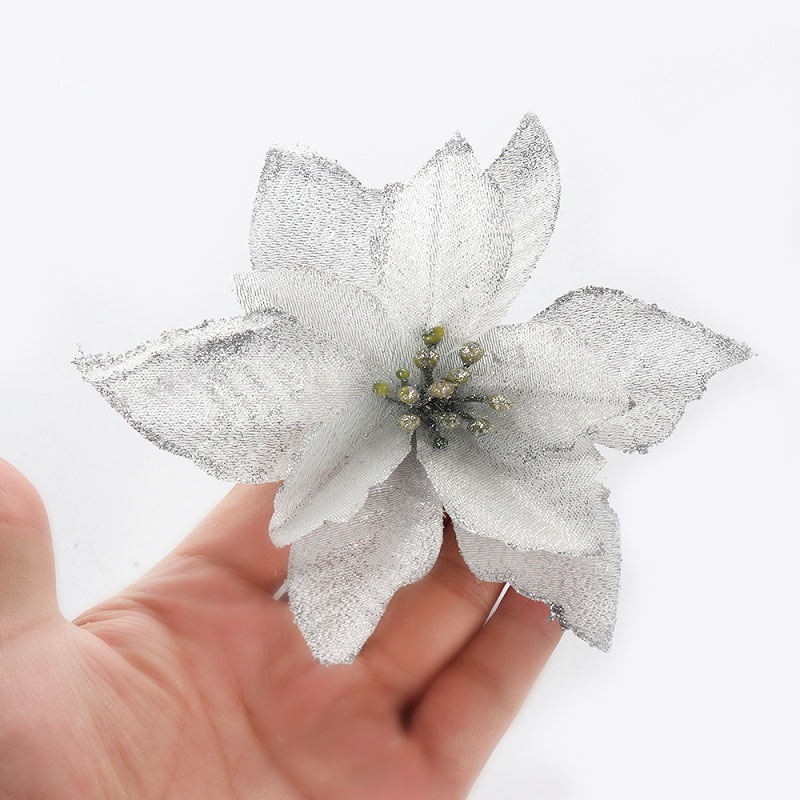 Set 10 Bông Hoa Hồng Lụa 13cm Màu Hồng / Vàng / Xanh Dương / Đỏ / Tím Lấp Lánh Trang Trí Cây Thông Giáng Sinh / Tiệc Cưới
