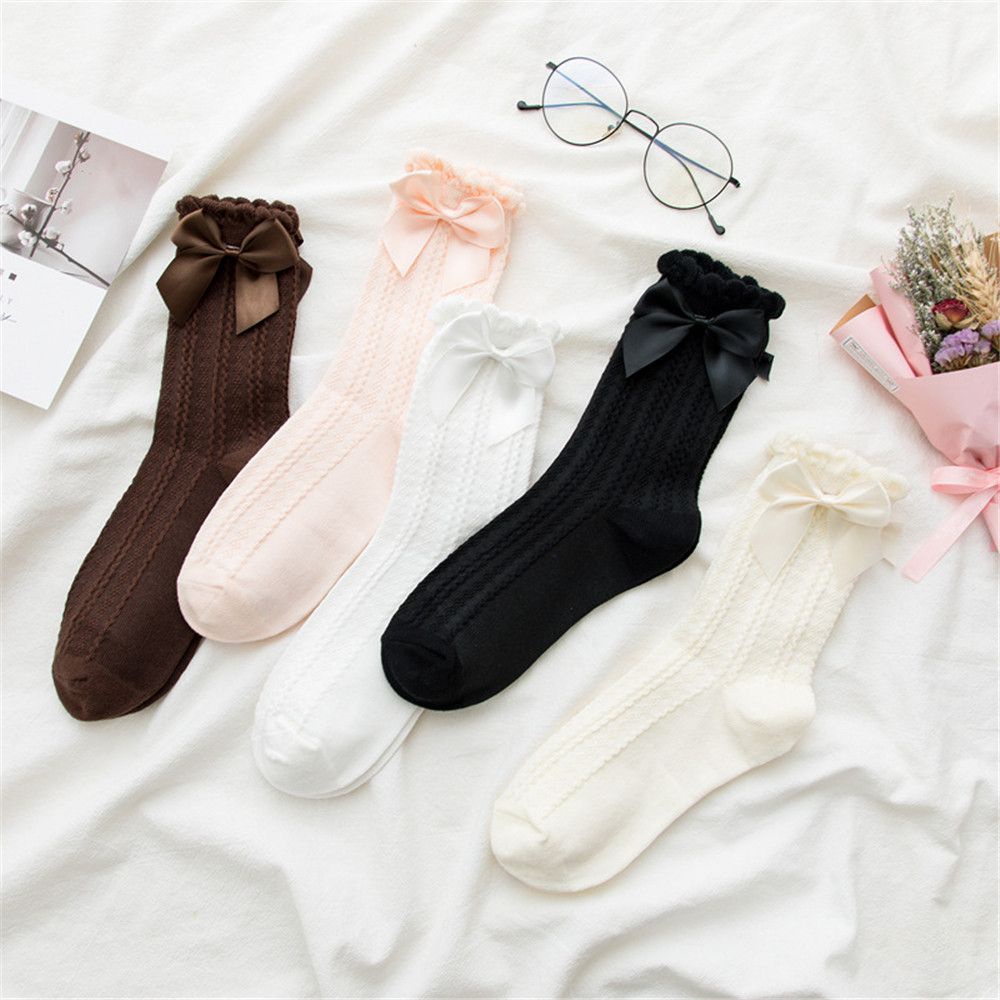 Vớ cotton mềm mại phối ren đính nơ phong cách Lolita Nhật Bản dành cho bé gái