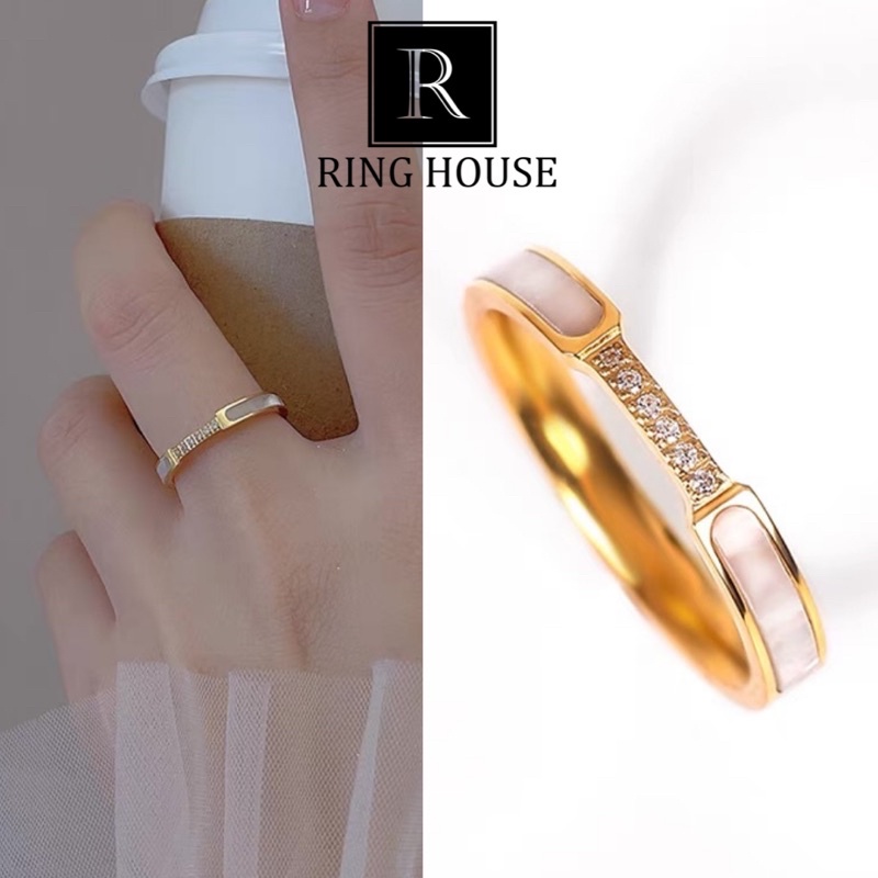(Titan) R7 Nhẫn Cho Cặp Đôi Nam Nữ Khắc Tên Theo Yêu Cầu Khảm Xà Cừ Đính Đá Zircon Vàng Gold Đẹp Ring House