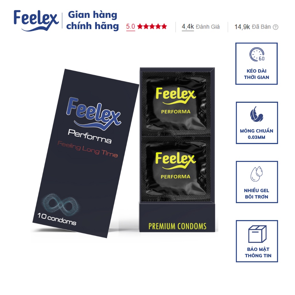 Bao cao su cao cấp Feelex Performa siêu mỏng, kéo dài thời gian quan hệ- Hộp 10 bcs