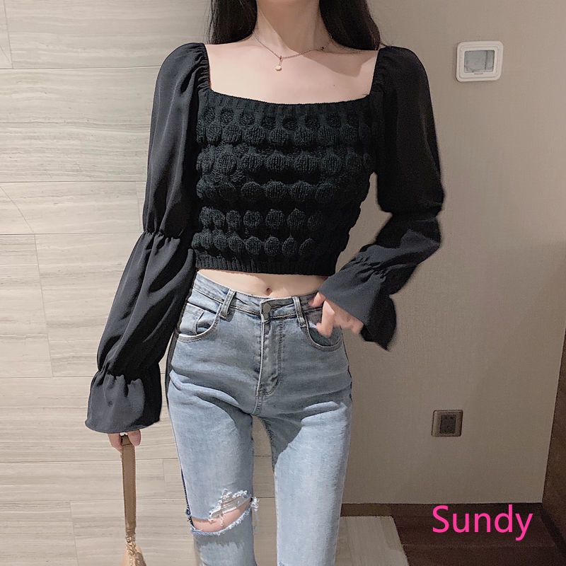 Áo Dệt Kim Tay Dài Cổ Vuông Phối Voan Xinh Xắn Thời Trang Cho Nữ