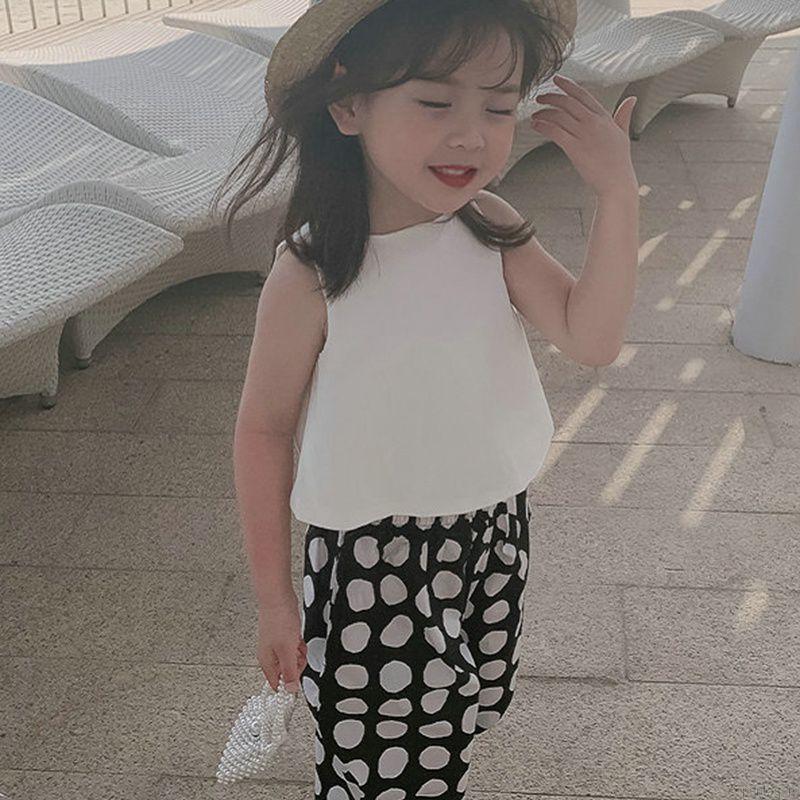 Set Áo Cộc Tay Chấm Bi + Quần Dài Ống Rộng Thời Trang Cho Bé Gái