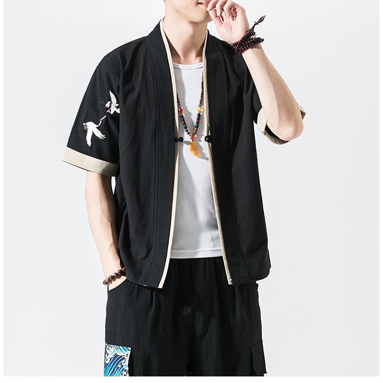 Áo Khoác Thô Đũi Nam Phong Cách Nhật Thêu Hạc Trên Vai | BigBuy360 - bigbuy360.vn